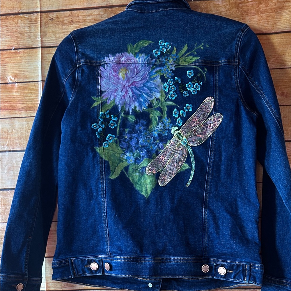 DG2 by Diane Gilman New Classic Stretch Denim Embroidered Back Jacket - Picture 3 of 9
